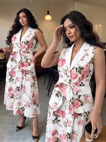 SHEIN CURVE+ 大尺碼女款優雅通勤花卉印花西裝外套與裙子兩件套 - 彩色 - 查看 6