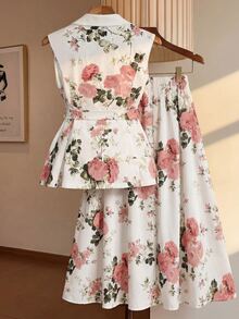 SHEIN CURVE+ 大尺碼女款優雅通勤花卉印花西裝外套與裙子兩件套 - 彩色 - 查看 3