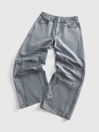 Jeans de mezclilla casuales de corte holgado con bolsillos estructurados en gris claro para hombre