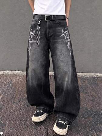 Herren Vintage Schwarze Distressed Denim Jeans, Gothic Dornen Muster, Ausgefranster Saum Multi-Taschen Lockere Gerade Bein Cargo Denim Hose, Y2K Lässig Streetwear Hip-Hop Stil, Geeignet für Alltag und Streetwear