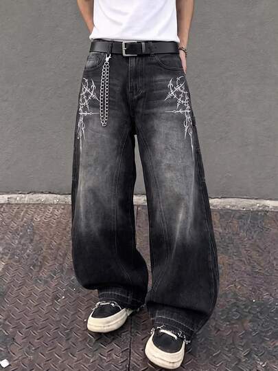 Jean en denim noir vintage usé pour homme, imprimé gothique à épines, ourlet effiloché, pantalon cargo en denim à jambes droites amples avec plusieurs poches, style streetwear hip-hop Y2K décontracté, convient pour le quotidien et le streetwear