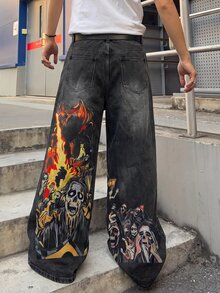 ROMWE MEN 男士時尚背面幽靈臉印花重磅水洗牛仔褲 - 黑色 - 查看 1
