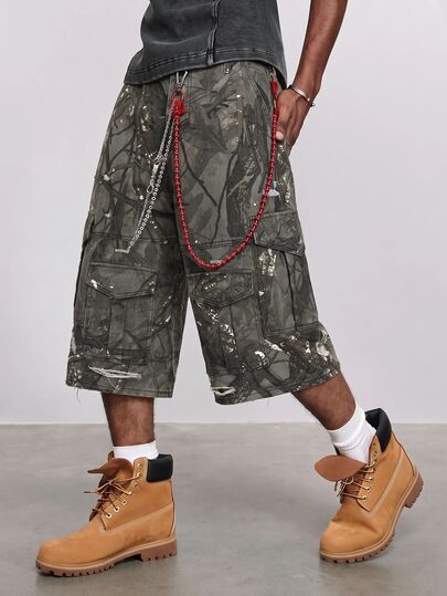 Men's Branch Pattern Cargo Pocket Casual Loose Fit Denim Jeans