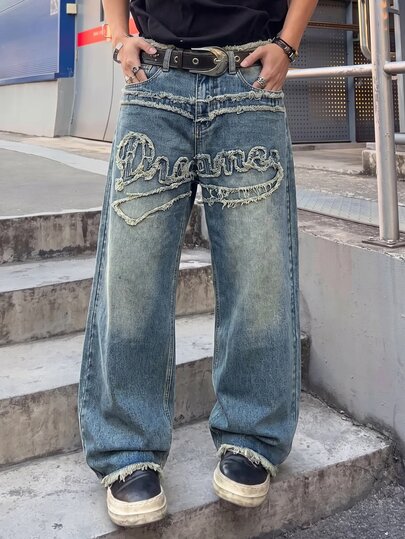 Street Life Men's Vintage Washed Loose Wide Leg Denim Jeans, Raw Edge Waistband And Hem, Double Layer Frayed Stitching, Letter Patch Embroidery, Millennium Hip-Hop Skateboard Street Style Distressed Denim Pants, Suitable For Daily, Street, Party, Club Wear