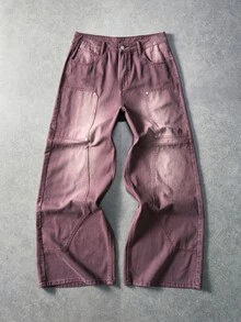 ROMWE MEN Men's Vintage Washed Patchwork Loose Fit Jeans - Burgundy - View 3