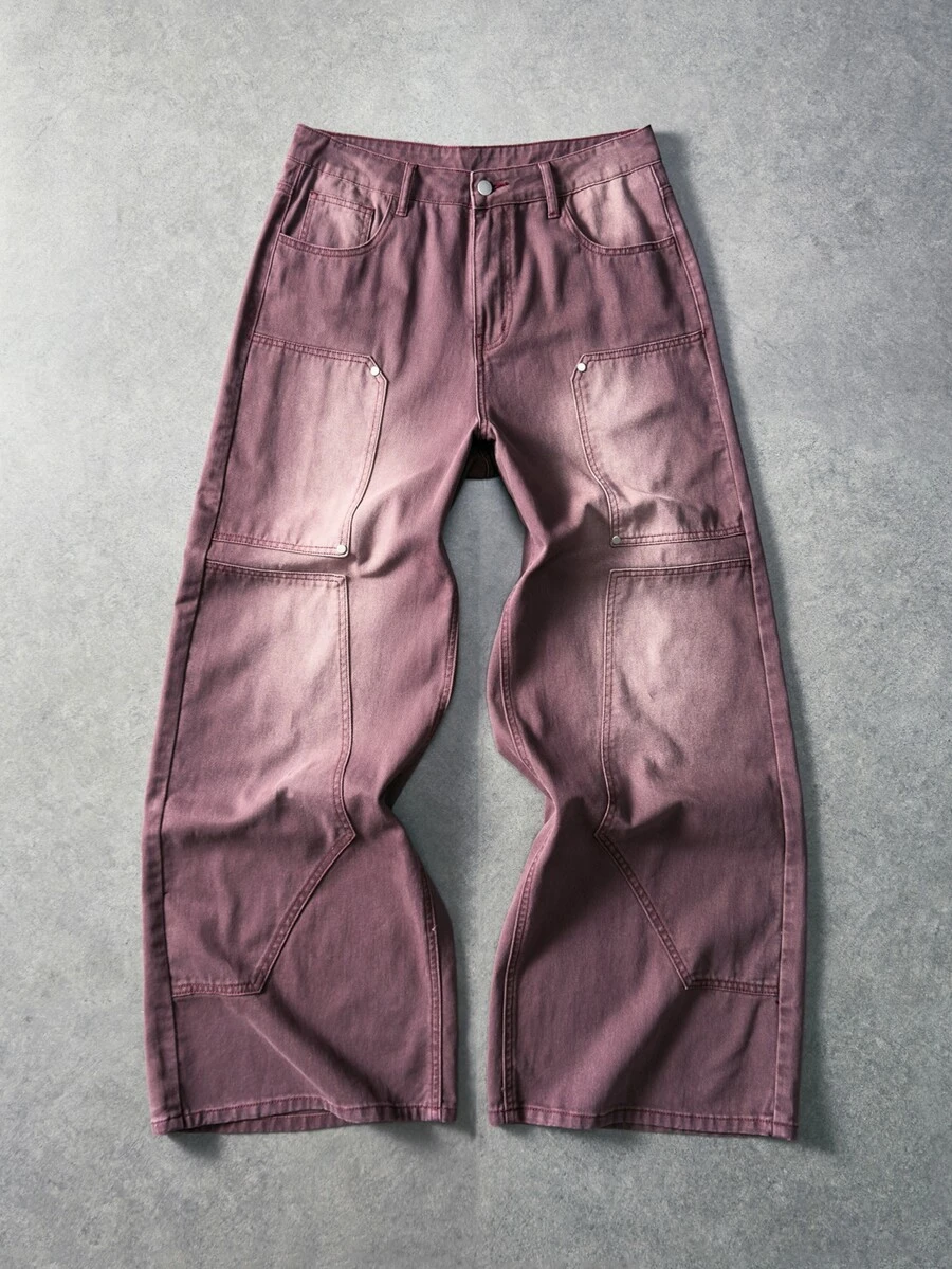 ROMWE MEN Men's Vintage Washed Patchwork Loose Fit Jeans - Burgundy - View 1