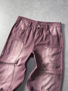 ROMWE MEN Men's Vintage Washed Patchwork Loose Fit Jeans - Burgundy - View 5