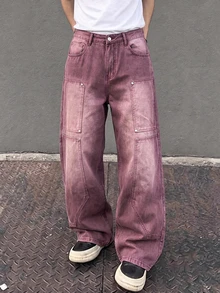 ROMWE MEN Men's Vintage Washed Patchwork Loose Fit Jeans - Burgundy - View 1
