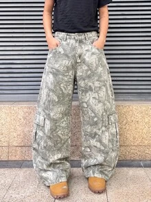 ROMWE MEN 男士迷彩寬鬆弧形工裝牛仔長褲 - 彩色 - 查看 3