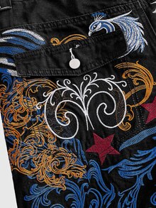 ROMWE MEN 男士刺繡圖案寬鬆版型牛仔長褲 - 黑色 - 查看 5