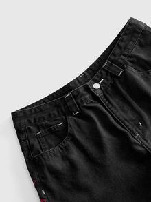 ROMWE MEN 男士刺繡圖案寬鬆版型牛仔長褲 - 黑色 - 查看 4