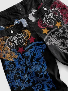 ROMWE MEN 男士刺繡圖案寬鬆版型牛仔長褲 - 黑色 - 查看 6