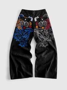 ROMWE MEN 男士刺繡圖案寬鬆版型牛仔長褲 - 黑色 - 查看 3
