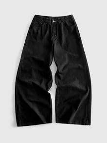 ROMWE MEN 男士刺繡圖案寬鬆版型牛仔長褲 - 黑色 - 查看 2