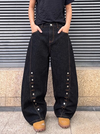 Street Life Men's Original Raw Denim Washed Loose Wide Leg Jeans With Front 3D Split Cut And Button Design, Punk Gothic Street Casual Long Pants, Suitable For Young Men's Daily, Outdoor, Skateboard, Party, Streetwear