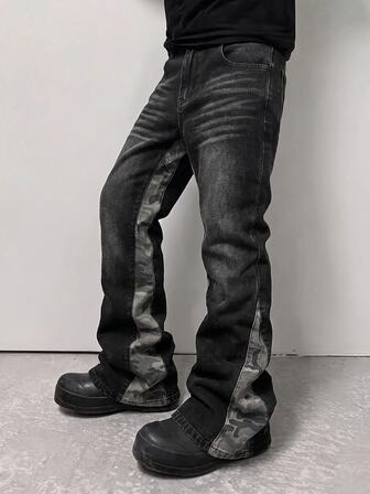 Street Life Herren Vintage Distressed Schwarz & Grau gewaschene Schlagjeans mit seitlichem Camo Patchwork, ausgefranstem Saum, lockerer Passform Denim Hose, geeignet für junge Männer für Alltag, Skateboard, Outdoor, Party, Nachtclub Multi-Szenarien