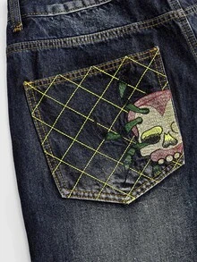 ROMWE MEN 男士刺繡圖案寬鬆牛仔褲 - 深色水洗藍 - 查看 5