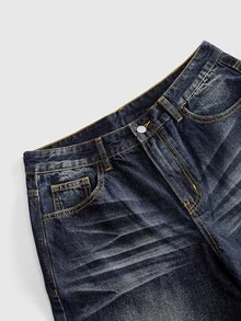 ROMWE MEN 男士刺繡圖案寬鬆牛仔褲 - 深色水洗藍 - 查看 4