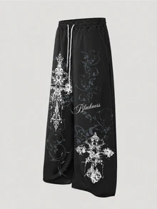 ROMWE MEN Goth Men's Dragon Woven Loose Wide Leg Long Pants - Multicolor - View 3