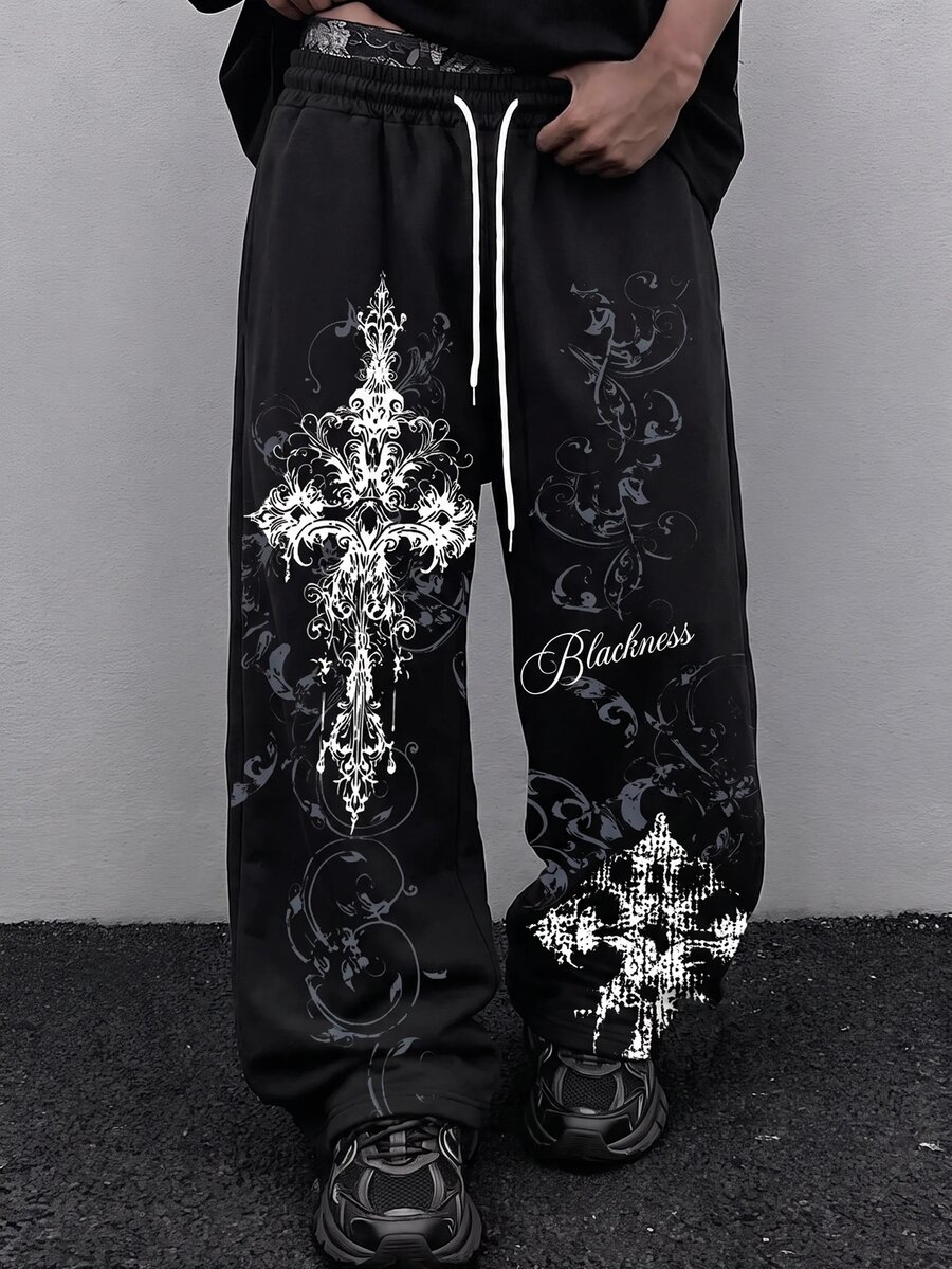 ROMWE MEN Goth Men's Dragon Woven Loose Wide Leg Long Pants - Multicolor - View 1