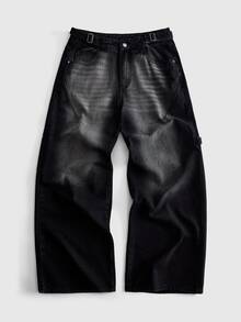 ROMWE MEN Street Life New American Street Style Heavyweight Distressed Washed Spider Web Embroidered Niche Design Black-Grey Gradient Wide Leg Straight Cargo Denim Jeans Unisex - Black - View 4