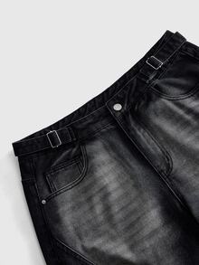 ROMWE MEN Street Life New American Street Style Heavyweight Distressed Washed Spider Web Embroidered Niche Design Black-Grey Gradient Wide Leg Straight Cargo Denim Jeans Unisex - Black - View 3