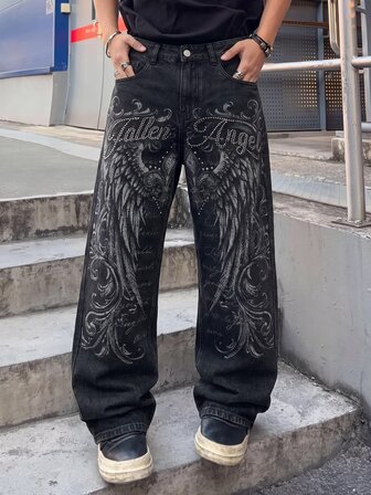 Street Life Vaqueros de hombre vintage desgastados negros lavados holgados de pierna ancha, estampado de alas de ángel & letras florales, pantalones casuales de estilo callejero punk gótico oscuro Y2K, adecuados para uso diario, discoteca, fiesta, estilo callejero