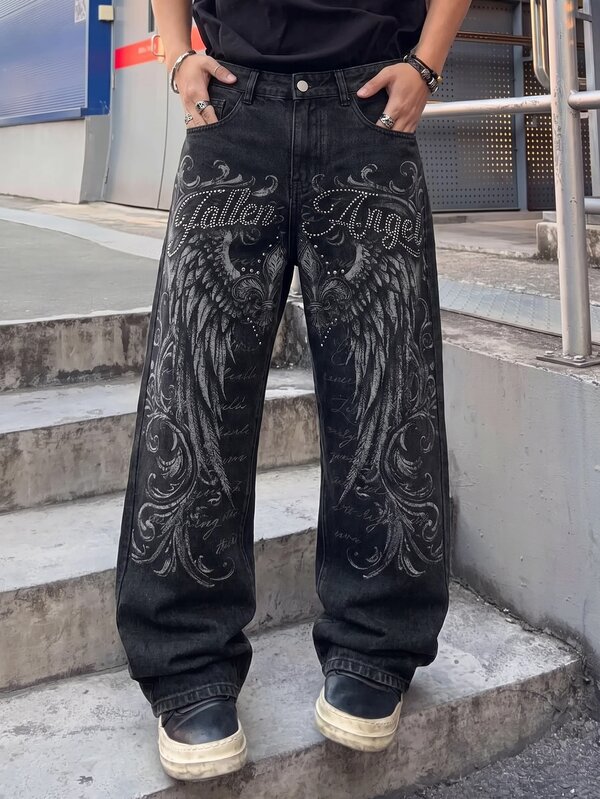 ROMWE MEN Street Life Men's Vintage Distressed Black Washed Loose Wide Leg Denim Jeans, Angel Wings & Floral Letter Print, Y2K Gothic Dark Punk Streetwear Casual Pants, Suitable For Daily Wear, Nightclub, Party, Street Style