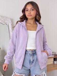 SHEIN Tween Girl 秋冬休閒連帽開襟外套 - 紫色 - 查看 1