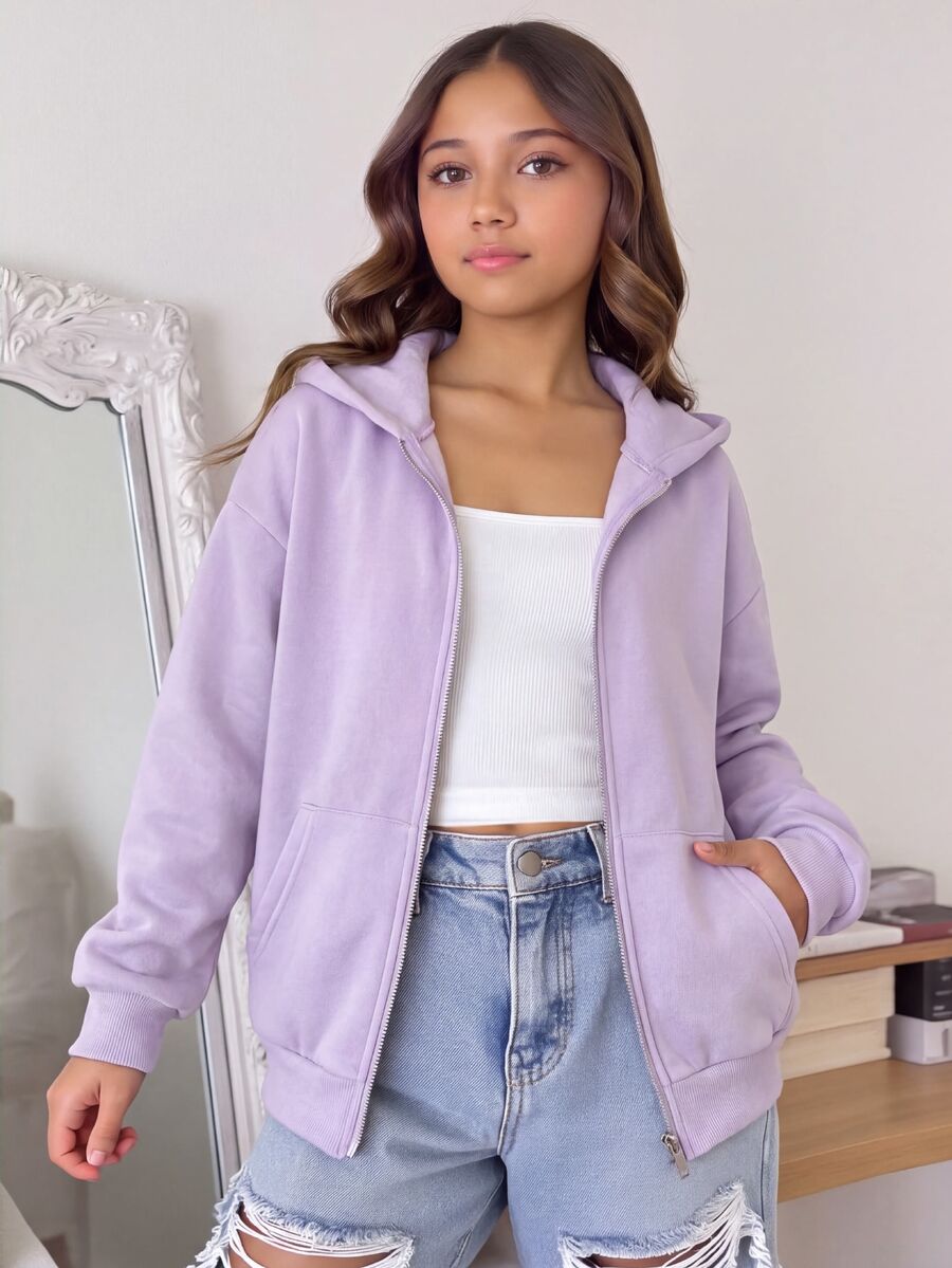 SHEIN Tween Girl 秋冬休閒連帽開襟外套 - 紫色 - 查看 1