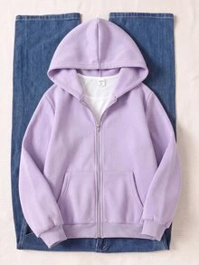 SHEIN Tween Girl 秋冬休閒連帽開襟外套 - 紫色 - 查看 3