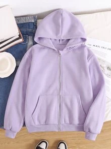 SHEIN Tween Girl 秋冬休閒連帽開襟外套 - 紫色 - 查看 5