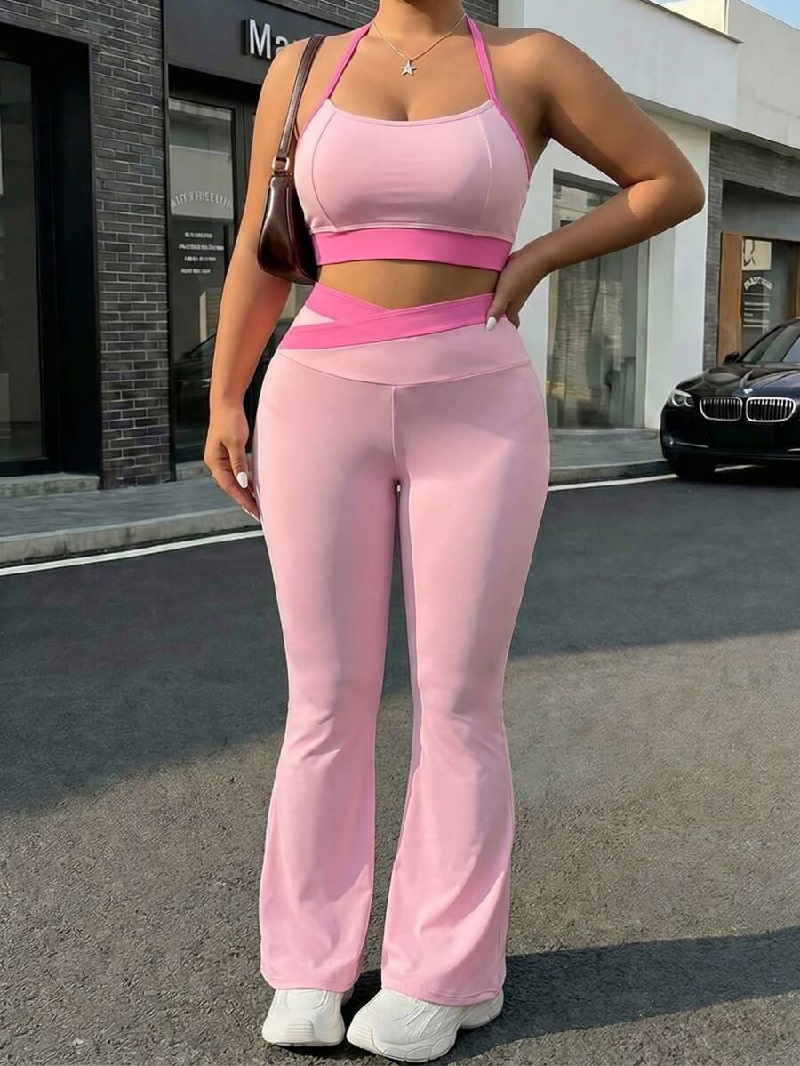 SHEIN Sovereign Charm 2026新款女款大尺碼拼色短版細肩帶背心上衣與喇叭褲運動套裝 - 彩色 - 查看 1