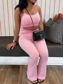 SHEIN Sovereign Charm 2026 New Women's Plus Size Colorblock Cropped Camisole Top And Flare Pants Sports Set - Multicolor - View 1