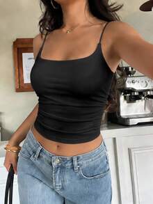 FavEase Casual Versatile Ruched Cup Women White Camisole - Black - View 5