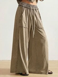 Bohemela 女款休閒純色針織無袖寬鬆背心與寬腿長褲 2件套 - 棕色 - 查看 6