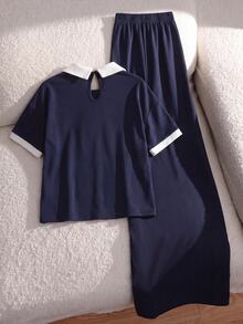SHEIN 少女騎士印花短袖T恤與長褲休閒日常套裝 - 彩色 - 查看 4
