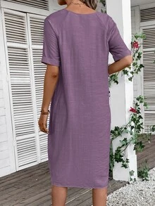 EMERY ROSE Women's V-Neck Button Decoration Pocket Front Dress,Lavender Dress - Purple - View 2