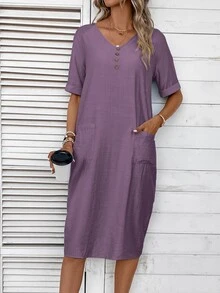 EMERY ROSE Women's V-Neck Button Decoration Pocket Front Dress,Lavender Dress - Purple - View 4