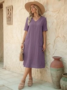 EMERY ROSE Women's V-Neck Button Decoration Pocket Front Dress,Lavender Dress - Purple - View 1