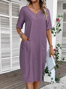 EMERY ROSE Women's V-Neck Button Decoration Pocket Front Dress,Lavender Dress - Purple - View 7