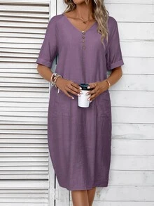 EMERY ROSE Women's V-Neck Button Decoration Pocket Front Dress,Lavender Dress - Purple - View 6