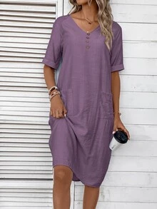 EMERY ROSE Women's V-Neck Button Decoration Pocket Front Dress,Lavender Dress - Purple - View 5