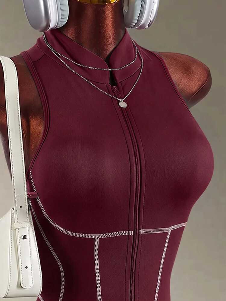 Amplova Women's Zipper Front Casual Sleeveless Sports Romper - Burgundy - View 5