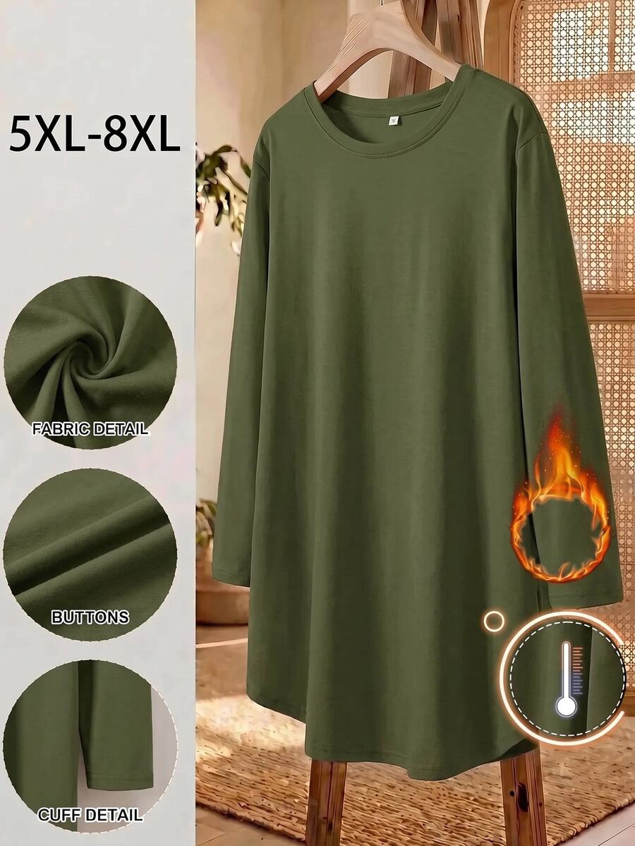 SHEIN CURVE+ 大尺碼女款休閒柔軟修身保守純色寬鬆圓領長袖T恤 2026秋季 22W 適合約會早午餐 橄欖綠 - 軍綠色 - 查看 1