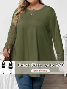 SHEIN CURVE+ 大尺碼女款休閒柔軟修身保守純色寬鬆圓領長袖T恤 2026秋季 22W 適合約會早午餐 橄欖綠 - 軍綠色 - 查看 3