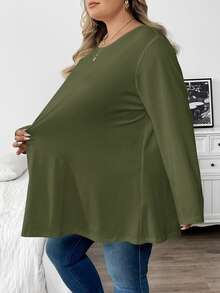 SHEIN CURVE+ 大尺碼女款休閒柔軟修身保守純色寬鬆圓領長袖T恤 2026秋季 22W 適合約會早午餐 橄欖綠 - 軍綠色 - 查看 4