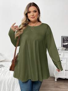 SHEIN CURVE+ 大尺碼女款休閒柔軟修身保守純色寬鬆圓領長袖T恤 2026秋季 22W 適合約會早午餐 橄欖綠 - 軍綠色 - 查看 5