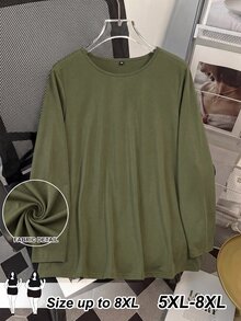 SHEIN CURVE+ 大尺碼女款休閒柔軟修身保守純色寬鬆圓領長袖T恤 2026秋季 22W 適合約會早午餐 橄欖綠 - 軍綠色 - 查看 9