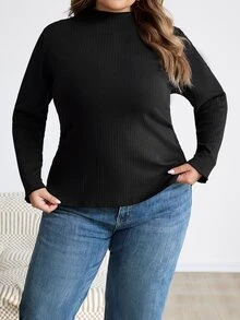SHEIN CURVE+ 大尺碼女款黑色高領長袖T恤，秋季基礎上衣/冬季秋季，2026 22W 5XL-8XL - 黑色 - 查看 3